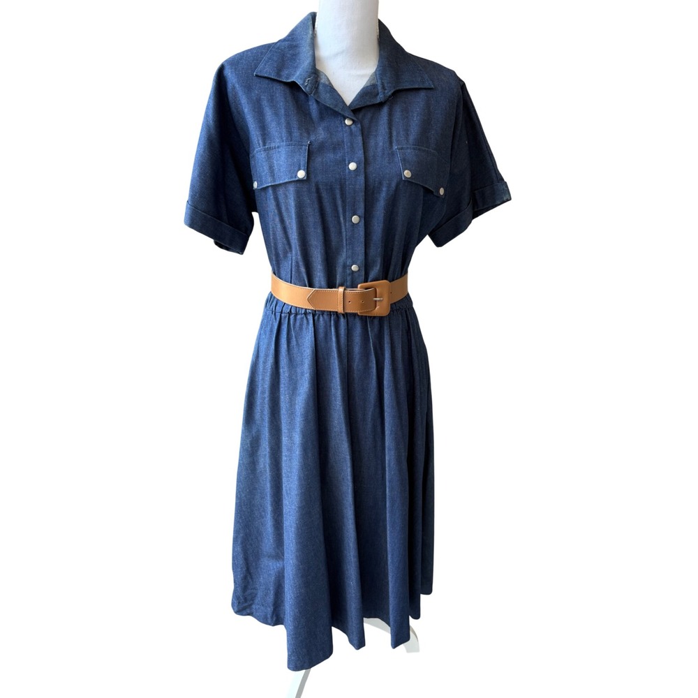 Vintage 80s Malouf Denim Shirt Dress Women M Western Prairie Midi Chambray Blue